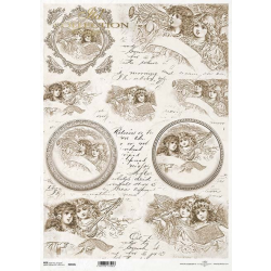Papier ryżowy ITD A3 R0932L / Seria Vintage Angels - vintage anioły, ozdobne ramki, pismo...