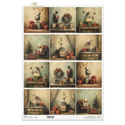 Papier ryżowy ITD A3 R1521L / robot, prezenty, święta, vintage, retro, Dziadek do Orzechów, wieniec, pomarańcze, szyszki, lalka, bombki, choinka,  kró