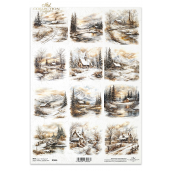 Papier ryżowy A4 ITD R2686 chatka, zimowe krajobrazy, drewniany domek