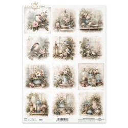 Papier ryżowy A4 ITD R2881, retro, vintage, pastelowe, ptaki
