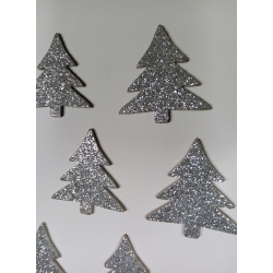 CHOINKI samoprzylepne BROKATOWE 4x3,5cm / kmpl 10szt / choinka 4x3,5 brokat SREBRNA / 6623 / gr;2mm / NAKLEJKI PIANKOWE