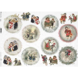 Papier ryżowy ITD A3 R0347L retro, vintage, z motywami zimowymi, zima, Boże Narodzenie, motywy świąteczne, dekory, dzieci, dzieciaki, zabawy, motywy n