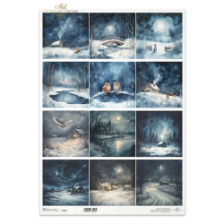 Papier ryżowy ITD A3 R1501L / krajobraz nocą, widoczki, zimowa sceneria, sowa, lis, królik, domek, gwiazdy na niebie...