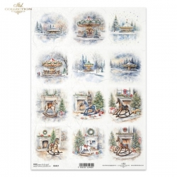 Papier ryżowy A4 ITD R2427  Boże Narodzenie, choinka, prezenty,  zabawki, konik na biegunach, karuzela