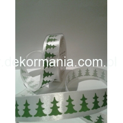 1mb / Wstążka satynowa 25mm   BIAŁA ,  CHOINKI ZIELONE / satynka 25 / tasiemka satynowa