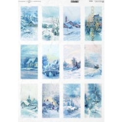 Papier ryżowy ITD A3 R0353L / Boże Narodzenie, zima, śnieg, zimowe obrazki, świąteczne dekoracje, domy, domki, Kościółek, Kościółki, mostek, most