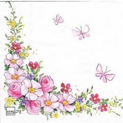 Serwetka -3304- MINI 25x25 cm  różowe kwiatuszki , wzór 4 krotny, kwiaty motylki