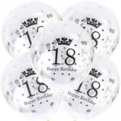 Komplet balonów 18th  Birthday  ze  SREBRNYM  konfetti , 18 URODZINY  ( komplet 5szt  ) balony