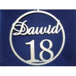 Dawid 18  ,  obręcz   50cm   , koło , imię cz; amaze , sklejka,makrama  , 18 urodziny
