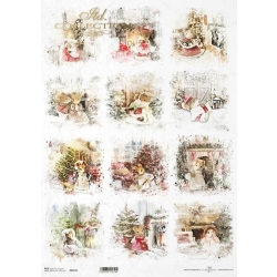 Papier ryżowy ITD A3 R0657L / Świąteczne myszki, myszka, myszka przy choince, myszka przy kominku, para myszek...