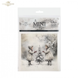 Zestaw papierów ryżowych mini ITD 14,8*14,8cm /  6szt  /  RSM201 /   dzieci, choinka, bałwan, sanki, zima, śnieg, łyżwy