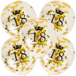 Komplet balonów 18th Birthday ze  ZŁOTYM  konfetti , 18 URODZINY ( komplet 5szt ) , balony