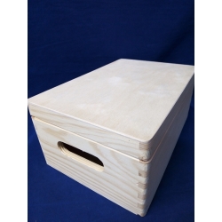 Skrzynka  30x20x13cm , skrzynka drewniana, zdjęcie poglądowe, zaokrąglone boki, dekiel z uchwytami, otworami, skrzynia z wiekiem