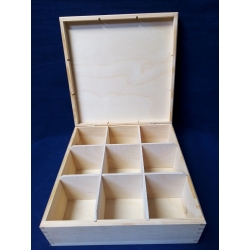 Herbaciarka 9 , pudełko drewniane z 9 przegrodami  22,5x22,5x8cm ,  9 przegródek, pudełko na herbatę / H9