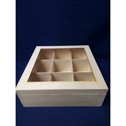 Herbaciarka , pudełko 9 - przegród z szybką  22,2x22,2x8cm , przybornik , 9 przegródek,  pudełko na herbatę / H9 szybka