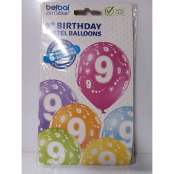 Balony urodzinowe 30cm/6szt, Aliga 9 URODZINY, 9lat