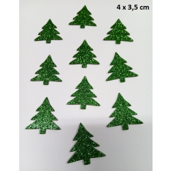 CHOINKI samoprzylepne BROKATOWE 4x3,5cm / kmpl 10szt / choinka 4x3,5 brokat ZIELONA / 6622 / gr;2mm / NAKLEJKI PIANKOWE
