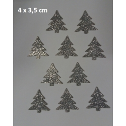 CHOINKI samoprzylepne BROKATOWE 4x3,5cm / kmpl 10szt / choinka 4x3,5 brokat SREBRNA / 6623 / gr;2mm / NAKLEJKI PIANKOWE