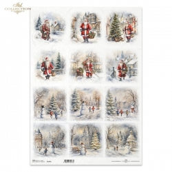 Papier ryżowy ITD A3 R1264L  /  zimowe widoczki, Święty Mikołaj, dzieci, bałwanek