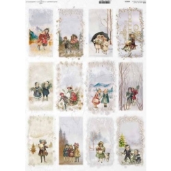 Papier ryżowy ITD A3 R0352L / Boże Narodzenie, zima, zimowe obrazki, dzieci, dzieciaki, zabawa, zabawy, retro, vintage np; na świeczniki , słoiki