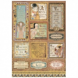 STAMPERIA PAPIER RYŻOWY A4,  KLIMT SENTENCJE ETYKIETY, malarstwo DFSA4641