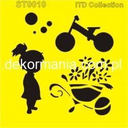 Szablon  16x16cm  ST0010A - dziewczynka, rowerek, taczka z kwiatami