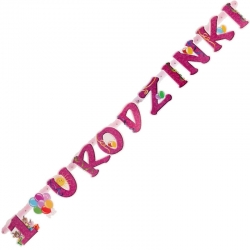 Baner 1 Urodzinki Różowy Dla Dziewczynki , 1 roczek ,  dł 160cm , wys:liter  15cm , roczek