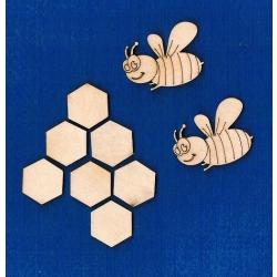 SKLEJKA #3mm Pszczoła,pszczółka 4cm / 2szt  , plastry miodu 7szt , ul , itp. HEKSAGON 2cm , pasieka , miód / 0485